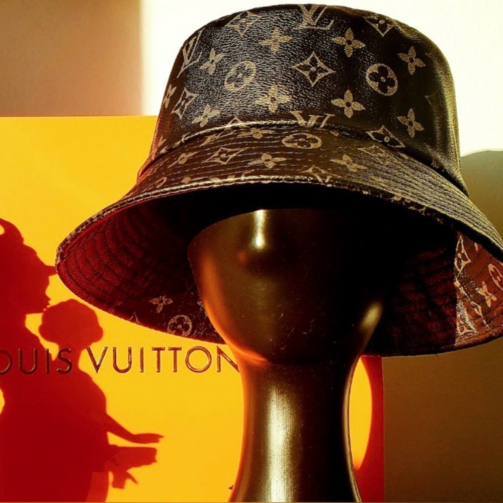Leather Monogram Black Gray Bucket Hat Calf Skin jacquard Unisex - Picture 8 of 11